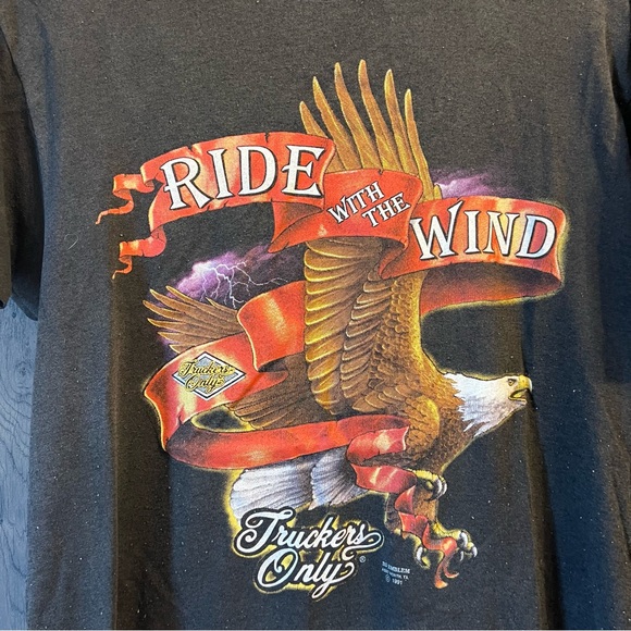 Vintage 1991 “Ride With The Wind” Truckers Only 3D Emblem Single Stitch T-Shirt - Picture 2 of 7
